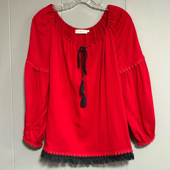 Tory Burch Tops - TORY BURCH Sylvie Boho Peasant Blouse Red Silk Scoop Neck Fringe Tassel Size 0